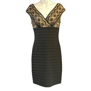 Adrianna Papell Black Dress Lace Cap Sleeves Special Event Fitted Sz 4 Cocktail